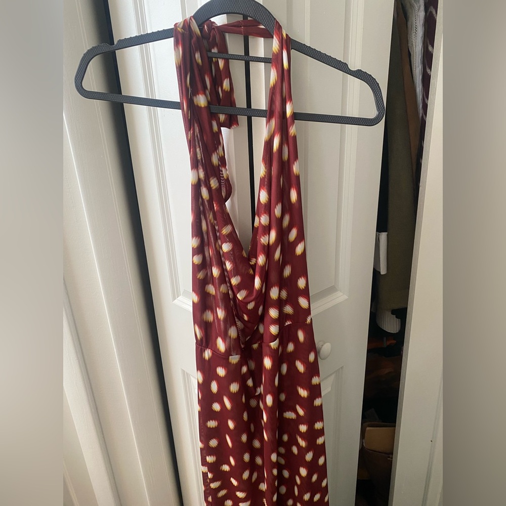 RESA Burgundy and Cream Spotted Halter Maxi Dress - Picture 2 of 6